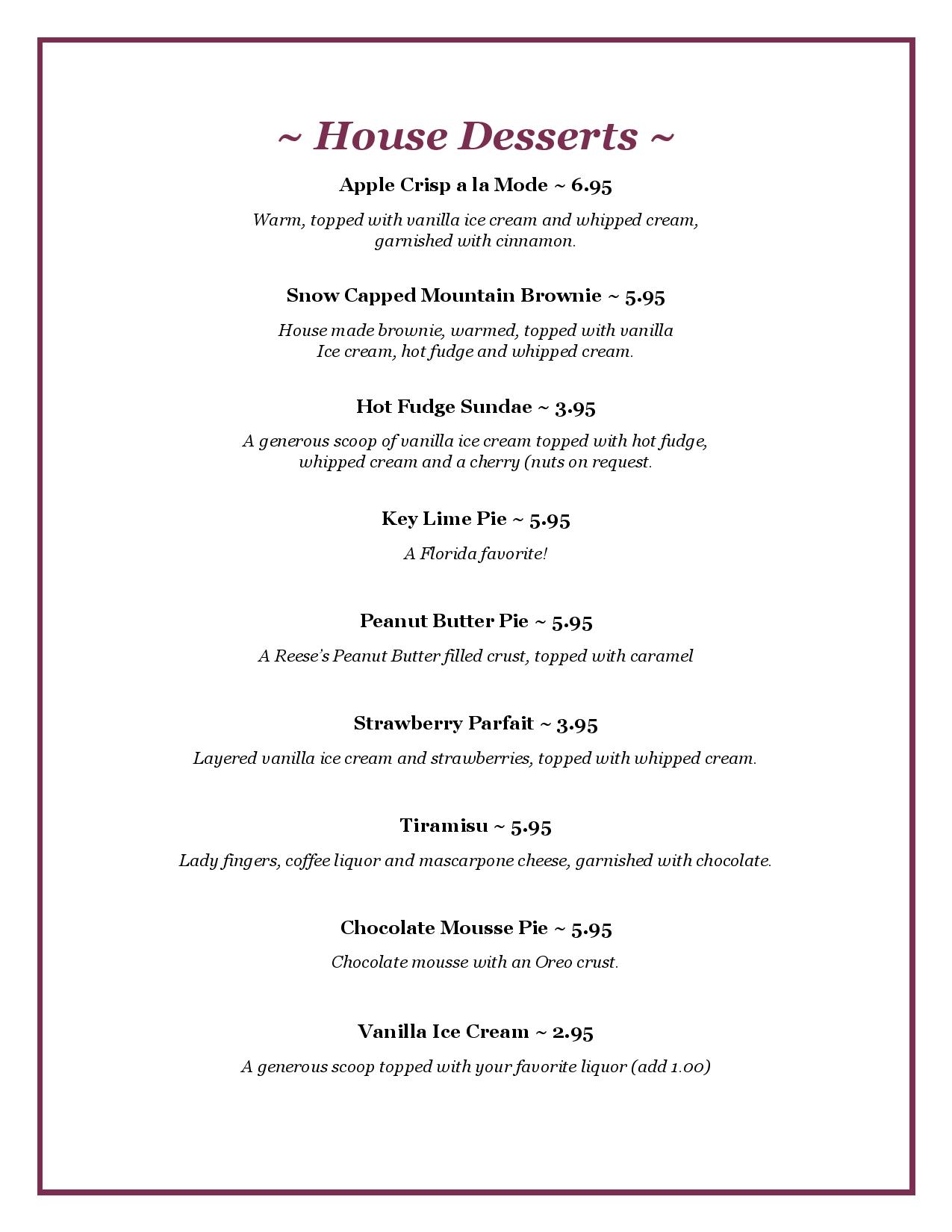 Palm City Grill Dessert Menu